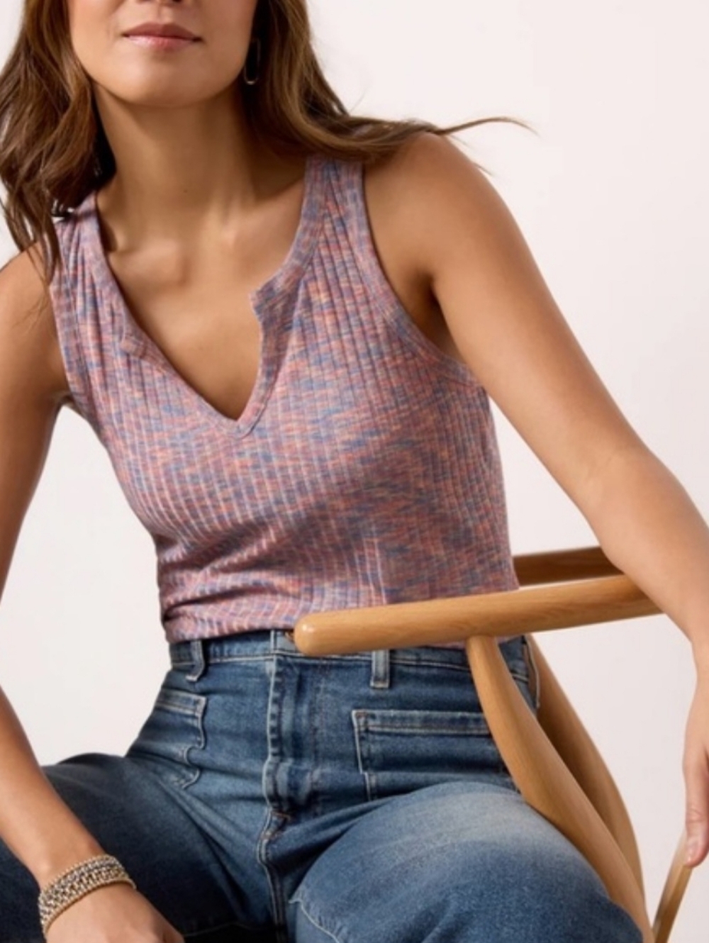 Evereve Pink-Blue Ribbed Notch Neck Tank Top